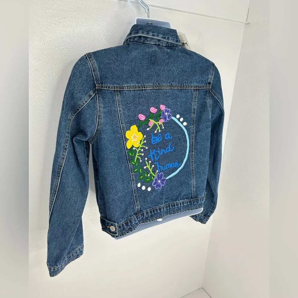 Love Tree Denim Jean Jacket Size Large Be a Kind Human Floral Painted Back‎ - Picture 6 of 13